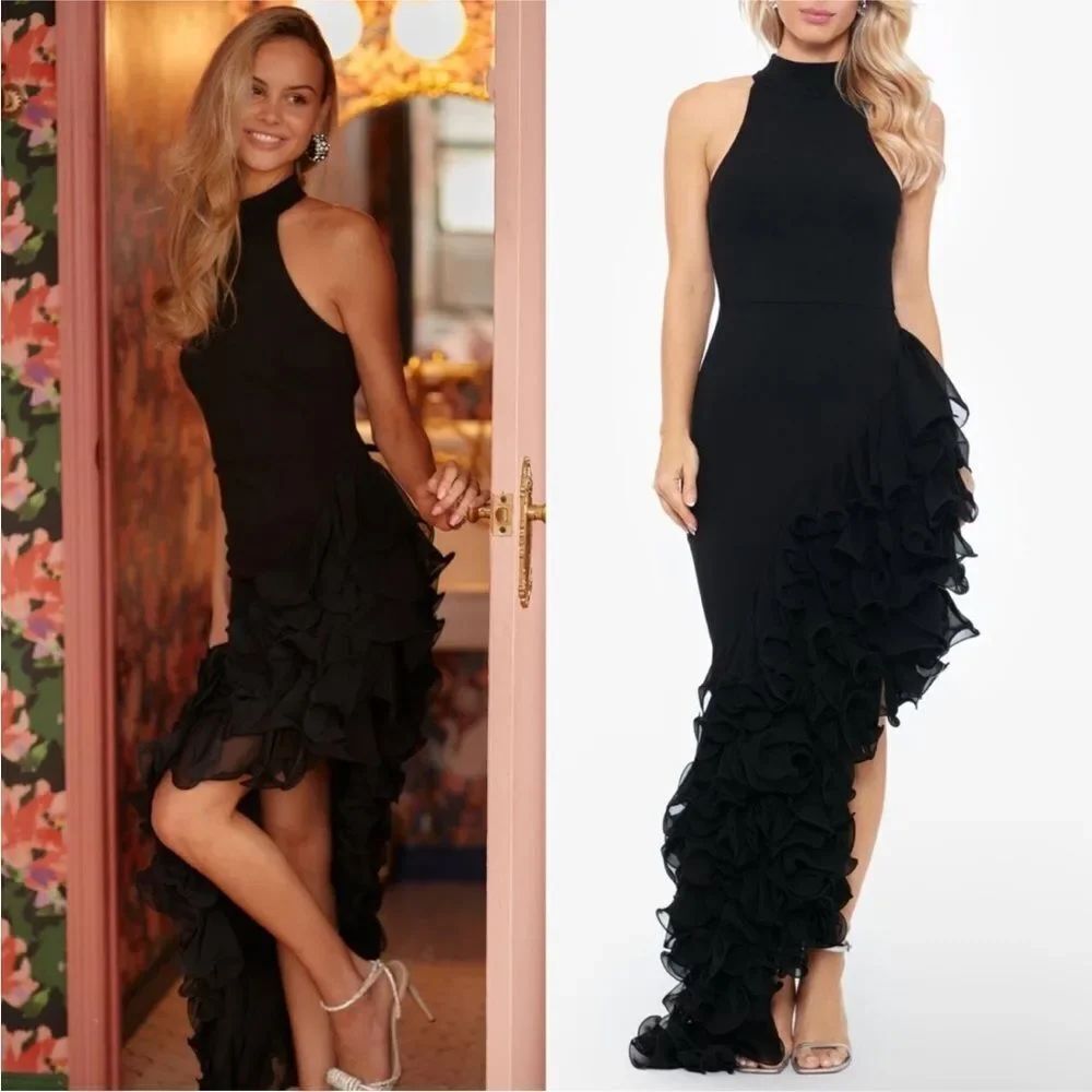 Betsy & Adam A26173 Mona"βLong Ponte Asymmetrical Ruffle Mock Neck Black Dress